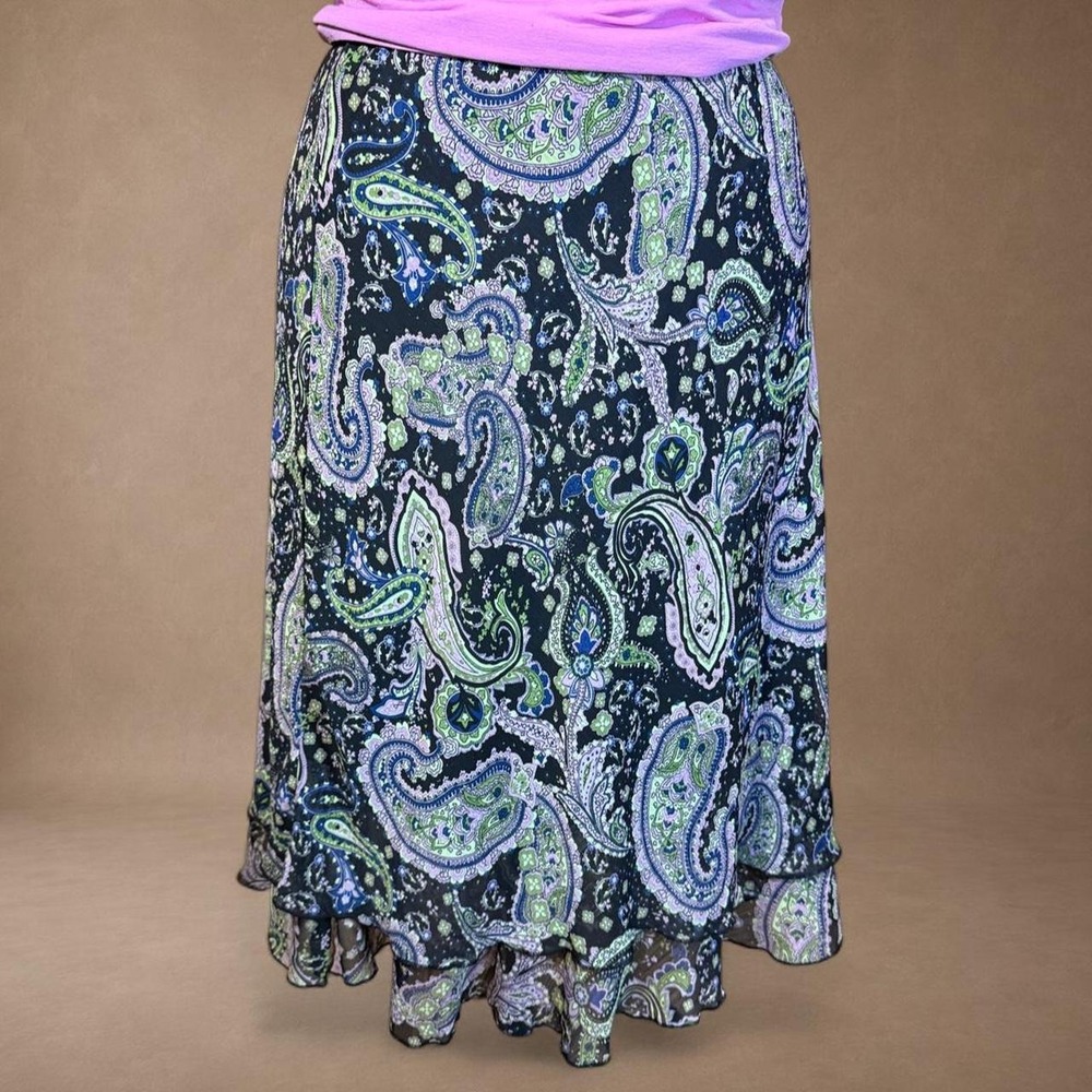 Y2K Paisley Ruffle Skirt Black Green Purple Boho Fairycore Midi Maxi - Picture 1 of 6